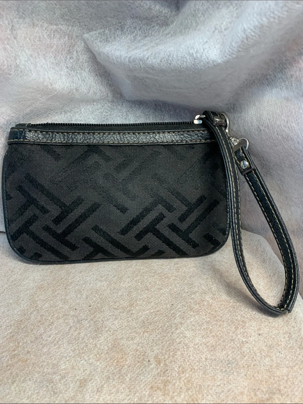 Tignanello Black Monogram Jacquard  Patterned Wristlet/ Clutch With Leather Trim